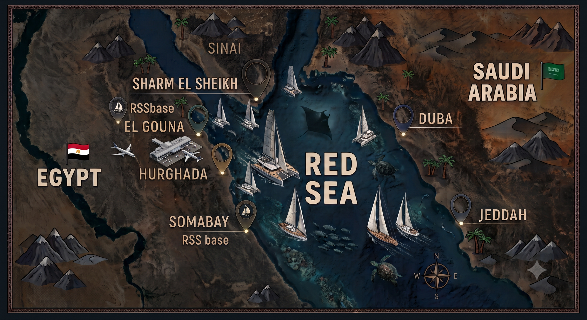 Red Sea Sails — Egyptian Red Sea coast and Saudi coast opposite